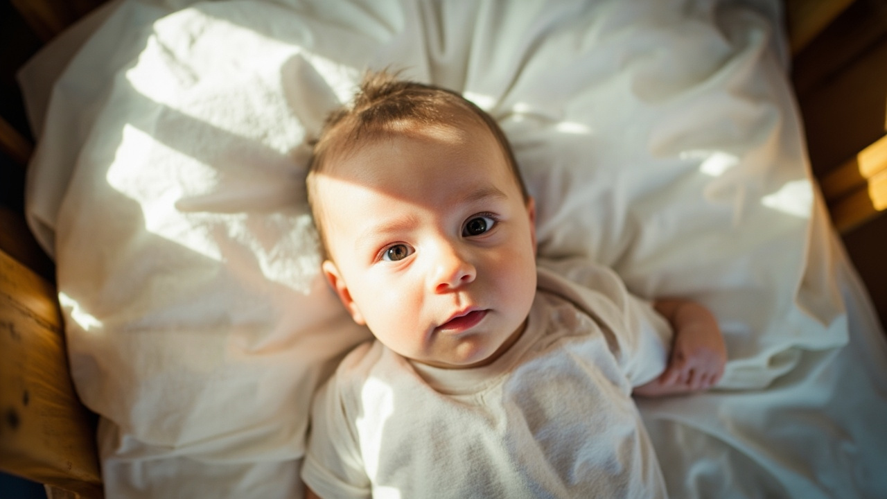 Overhead view of a parent photographing a calm infant lying on a plain white sheet for a passport-style photo in a sunlit US home