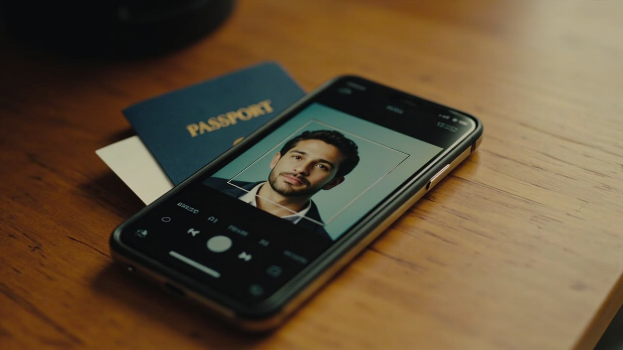 Overhead close-up of a smartphone on a warm wooden desk showing a square headshot being cropped in a generic photo editor beside a blue US passport