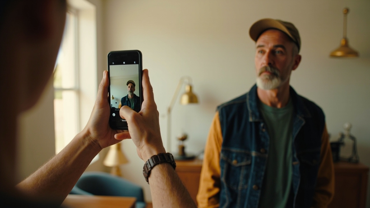 A partner holding a smartphone in portrait orientation to photograph an American traveler against a plain white wall in a sunlit home