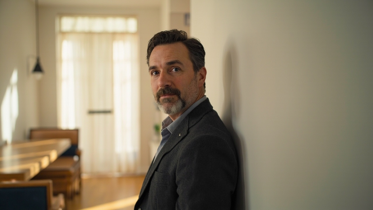 American traveler standing a short distance from a plain white wall in a sunlit US home with daylight falling evenly on the face from a side window