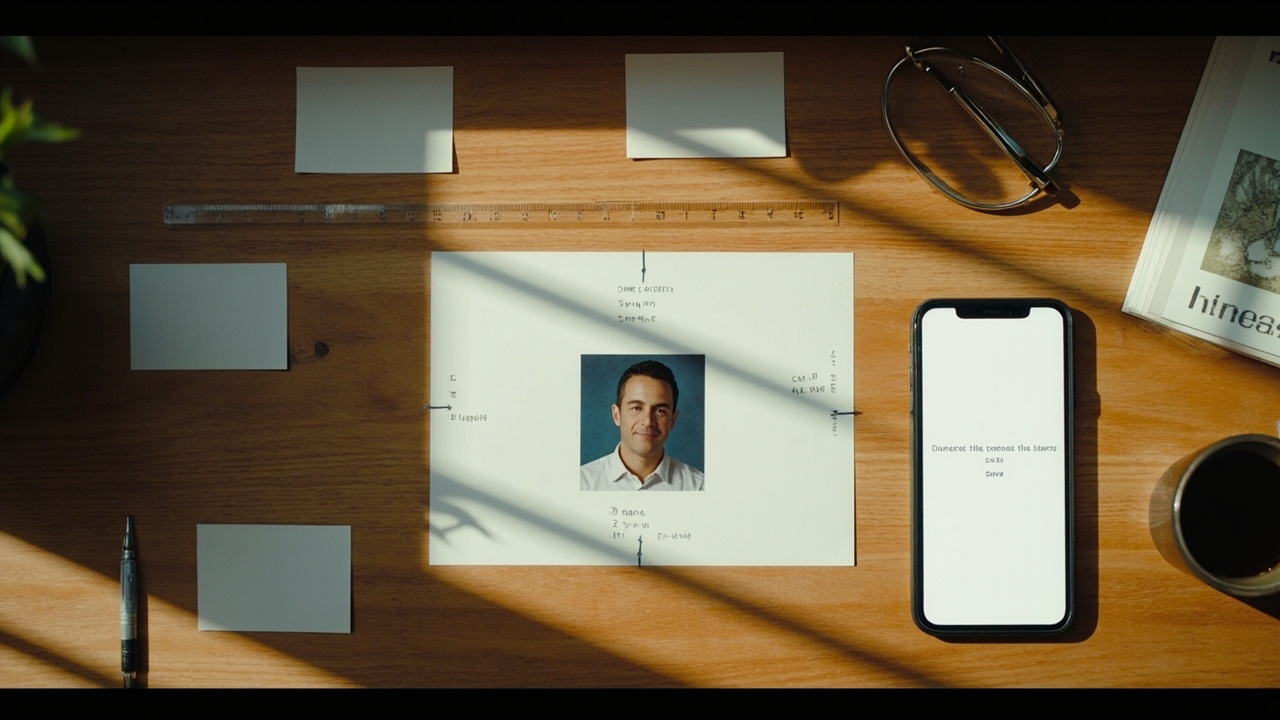 A passport-style headshot on a white card beside size and pixel callout cards and a smartphone showing a generic file-export panel on a warm wooden desk