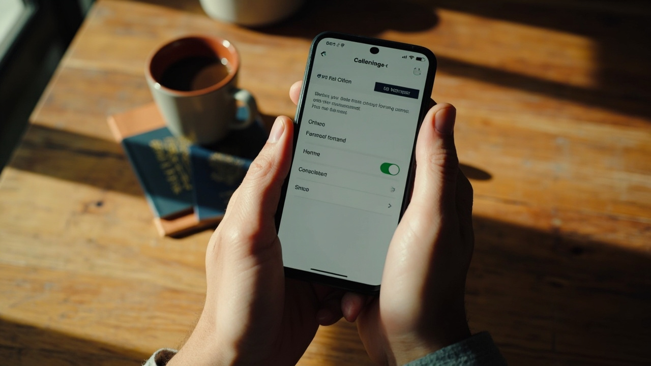 Hands holding a smartphone showing a generic settings panel beside a blue American passport on a warm wooden desk in soft daylight