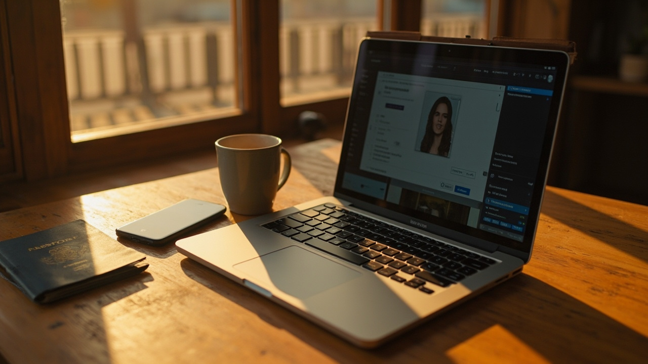 An open laptop showing a generic image-export panel beside a smartphone and a blue American passport on a warm wooden desk at golden hour
