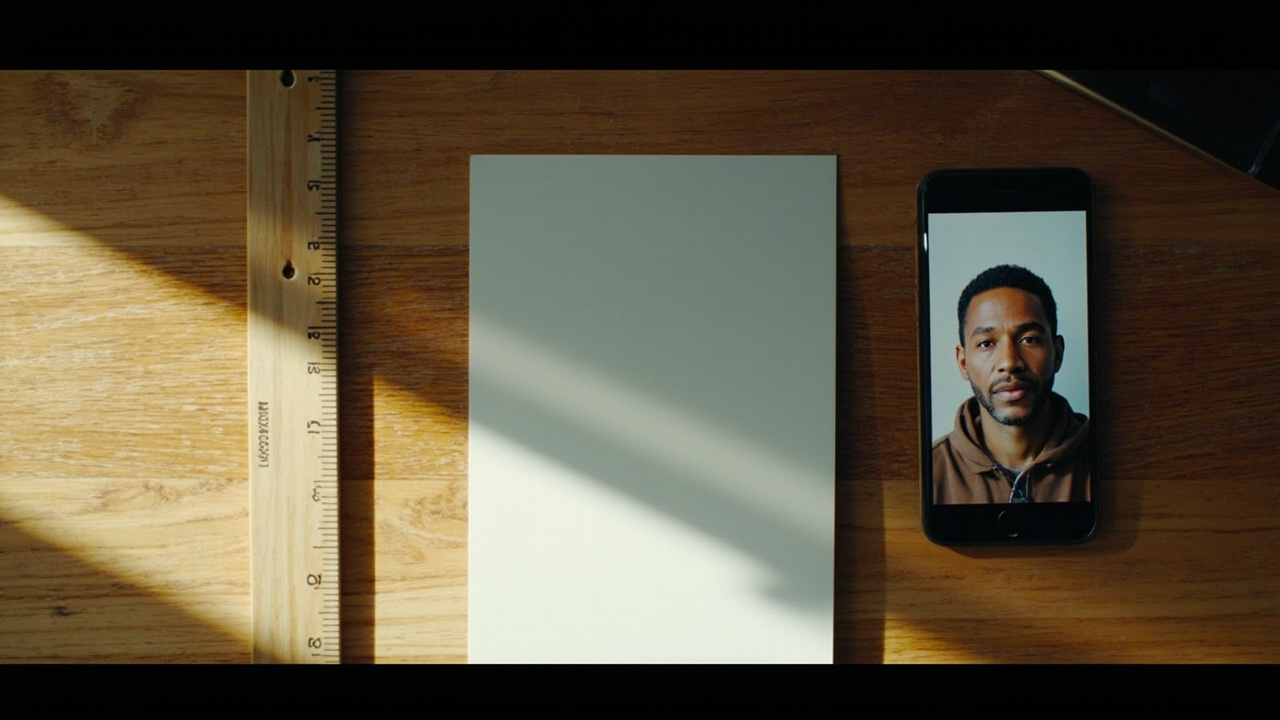 A small printed square headshot on white card beside a wooden ruler and a smartphone on a warm wooden desk, contrasting print size with the digital file