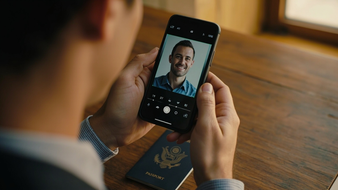 Close-up of a smartphone showing a generic square crop frame over a passport-style headshot on a warm wooden desk beside a blue American passport