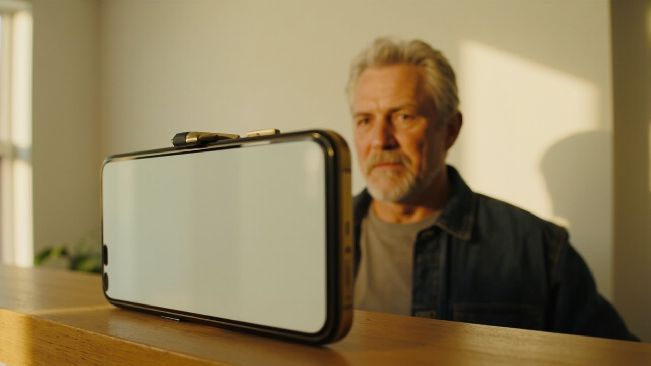 A smartphone propped on a shelf in portrait orientation framing an American traveler against a white wall in daylight
