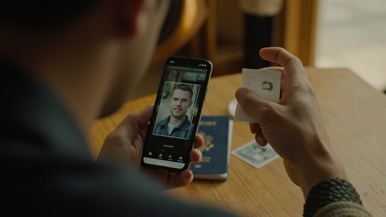 Hands holding a smartphone showing a generic square crop frame over a passport-style headshot beside a blue US passport on a warm wooden desk