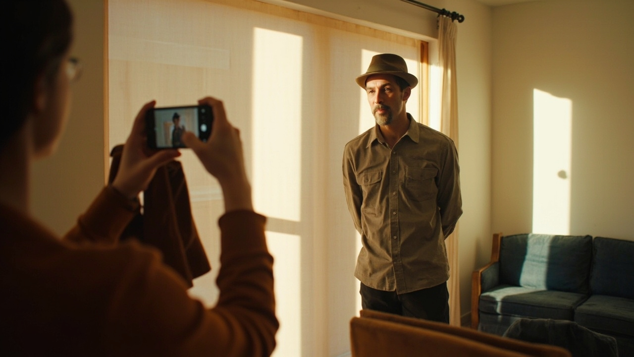 American traveler standing beside a sunlit window taking a headshot with even side daylight instead of harsh backlight, in a warm-toned US home