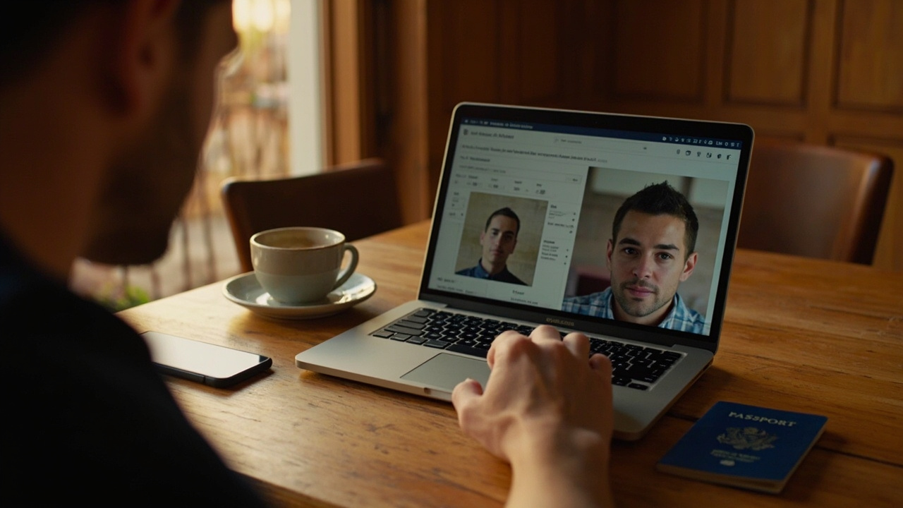 American traveler at a warm wooden desk reviewing a corrected headshot on a laptop before re-uploading, with a blue US passport nearby