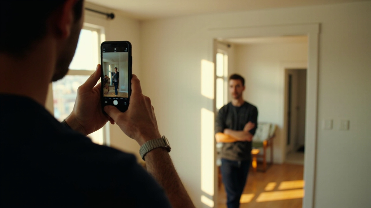 A partner holding a smartphone at eye level to photograph an American traveler against a white wall in soft side window light