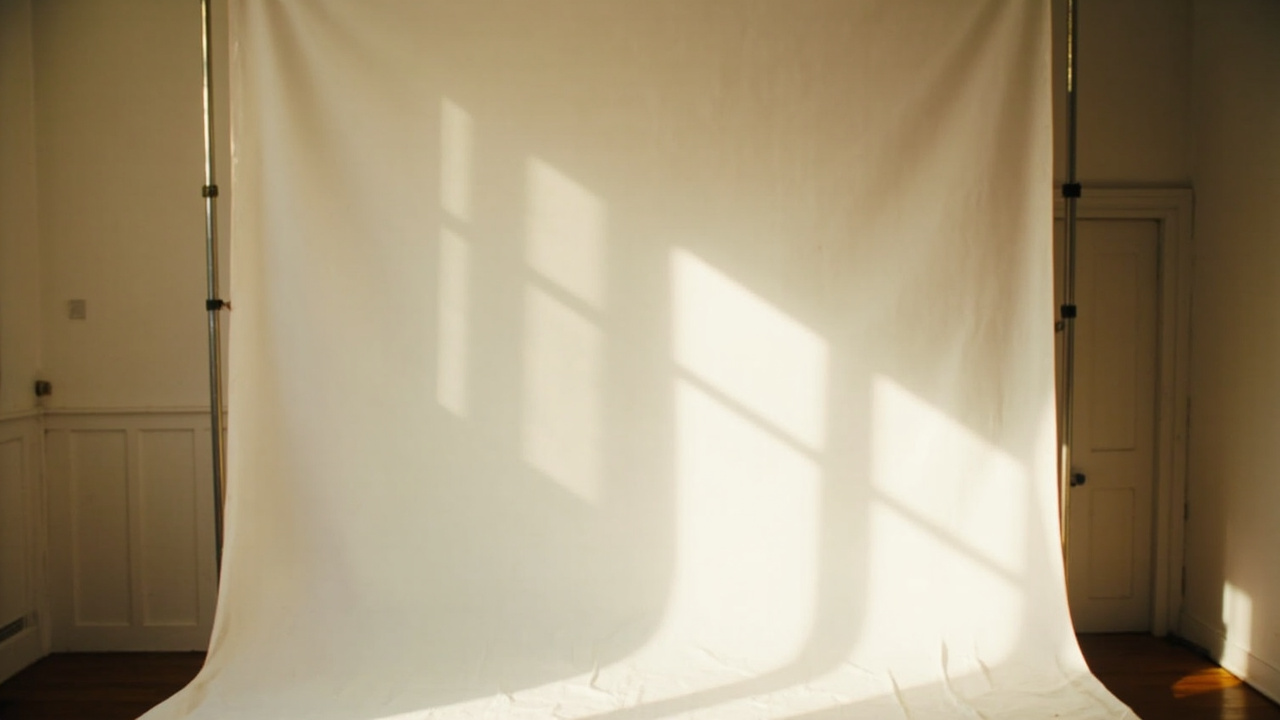 A plain white bedsheet pinned flat against an apartment wall as a smooth wrinkle-free photo backdrop in daylight