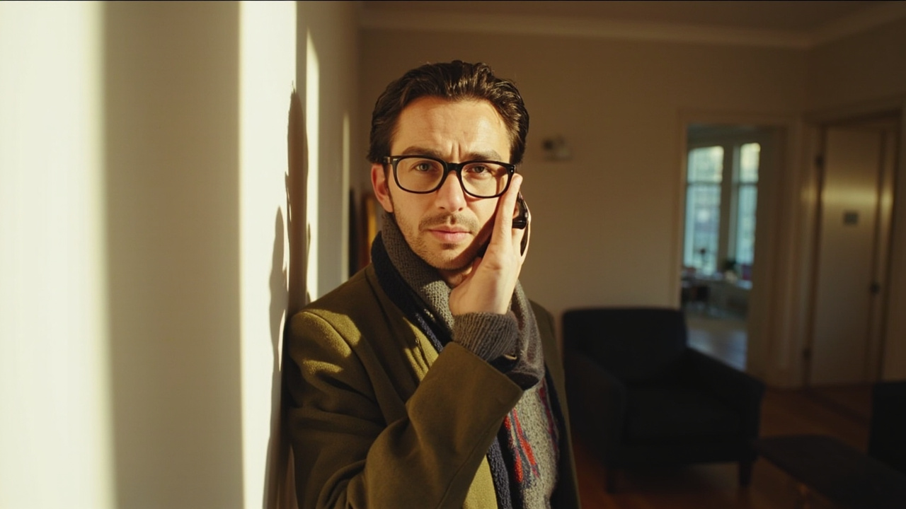 American traveler in their late 30s removing thin-framed glasses just before a passport-style photo against a plain white wall in a sunlit US home