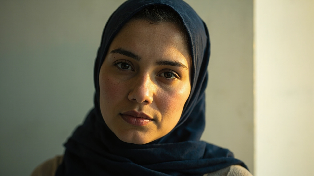 American traveler wearing a daily religious head covering with the full face clearly visible, against a plain white wall in even daylight