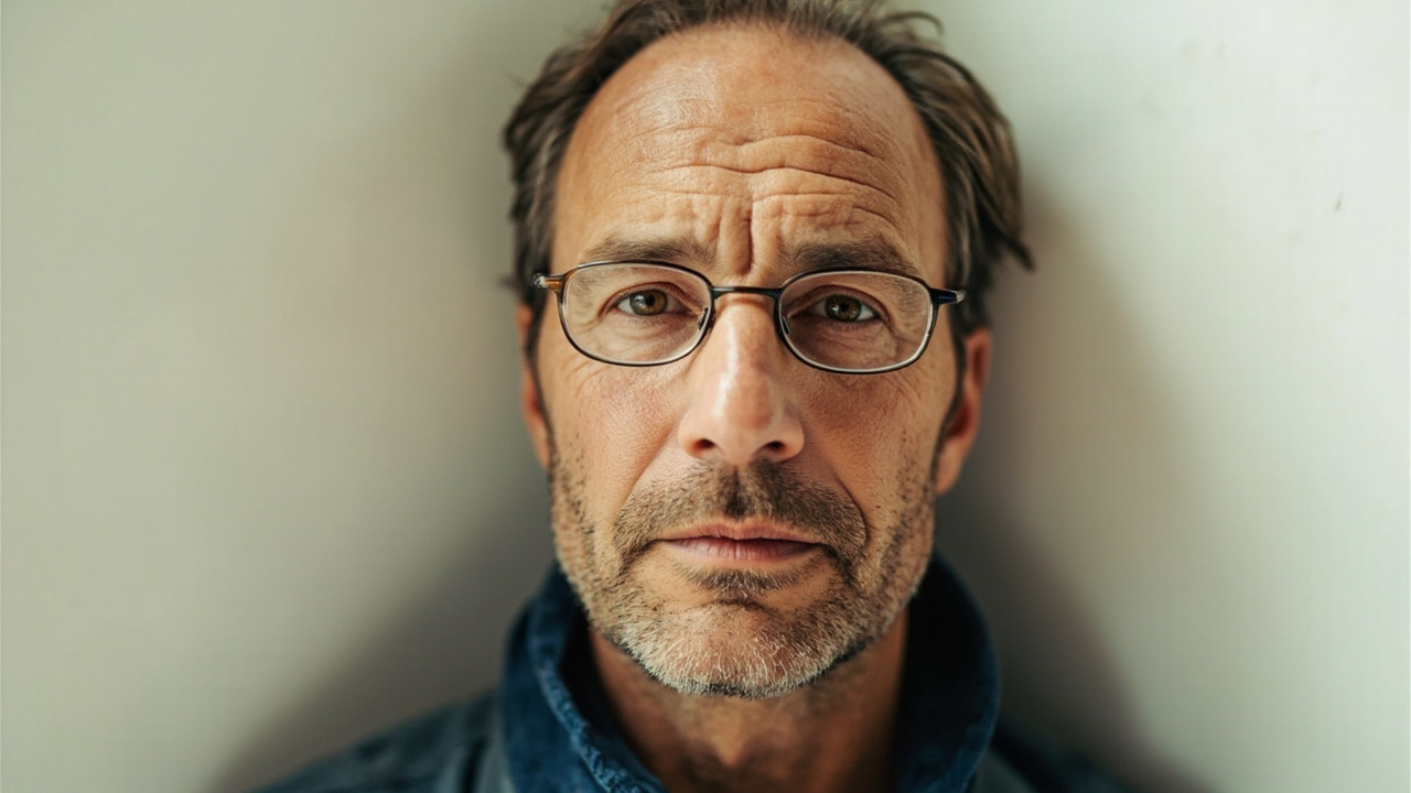 Relaxed neutral-expression headshot of an American traveler against a plain white wall, mouth closed and eyes open in even daylight
