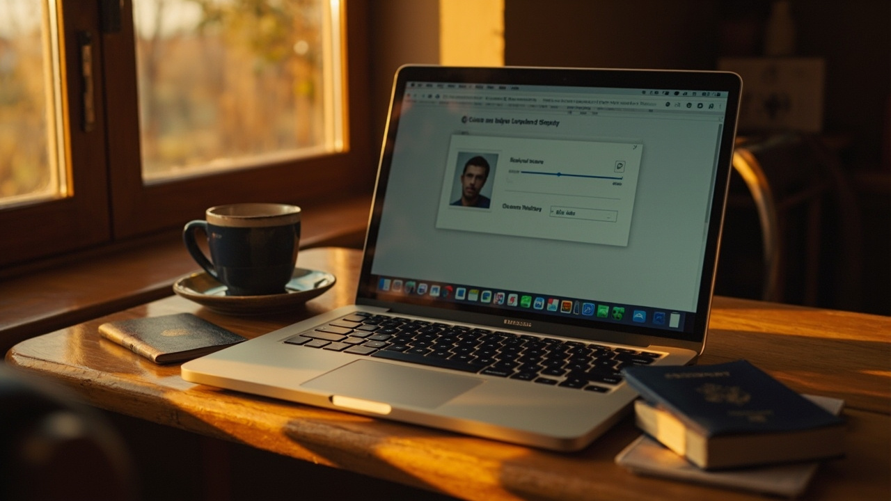 An open laptop showing a generic resize and export panel with a quality slider beside a blue American passport and coffee on a warm wooden desk at golden hour
