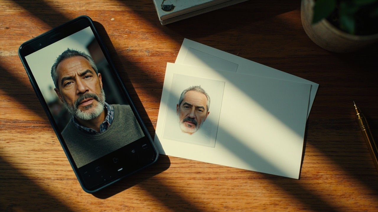 A smartphone showing a softly pixelated headshot beside a clean sharp printed headshot on white card on a warm wooden desk, contrasting over-compression with a clean file