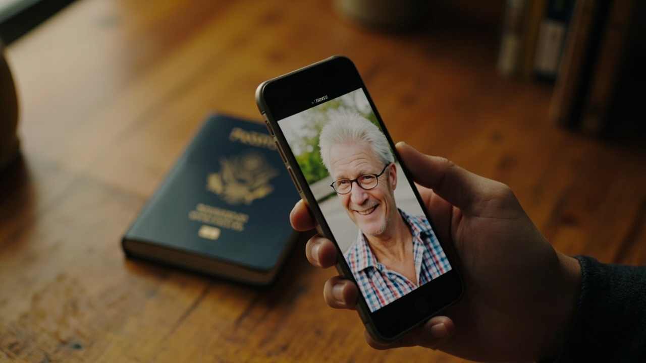 Hands holding a smartphone showing a tall full-resolution portrait headshot beside a blue American passport on a warm wooden desk in soft daylight
