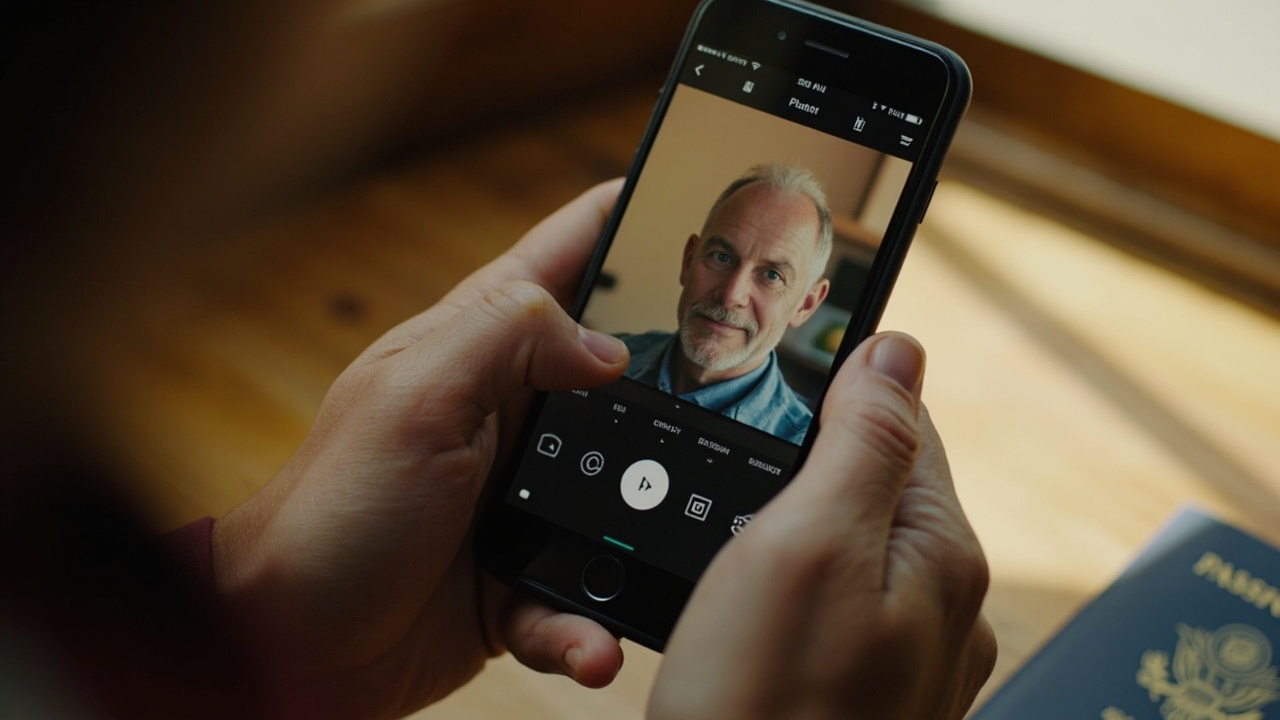 Close-up of a smartphone showing a generic square crop frame tightening over a passport-style headshot on a warm wooden desk beside a blue American passport