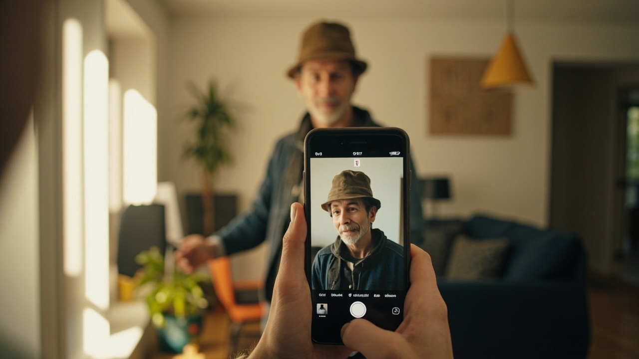 A partner holding a smartphone in portrait to photograph an American traveler standing against a plain white wall in a sunlit US home