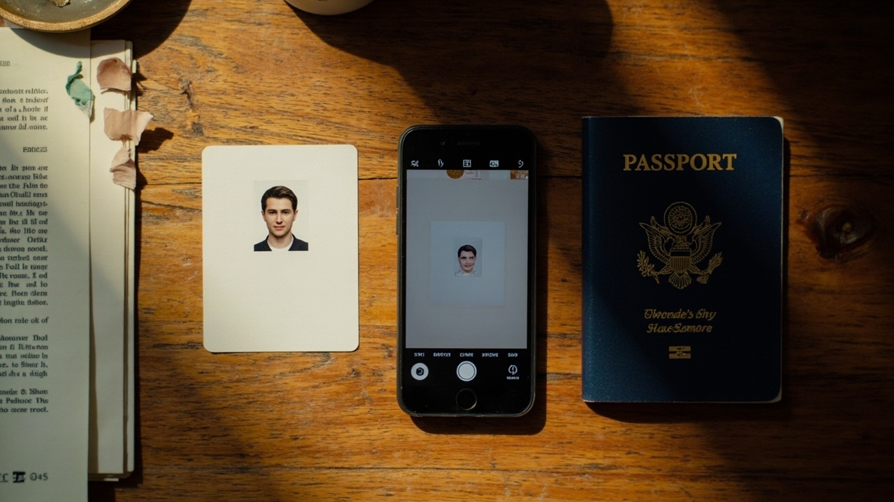 Overhead flat-lay comparing a printed passport photo card, a smartphone, and a blue US passport on a warm wooden desk at golden hour