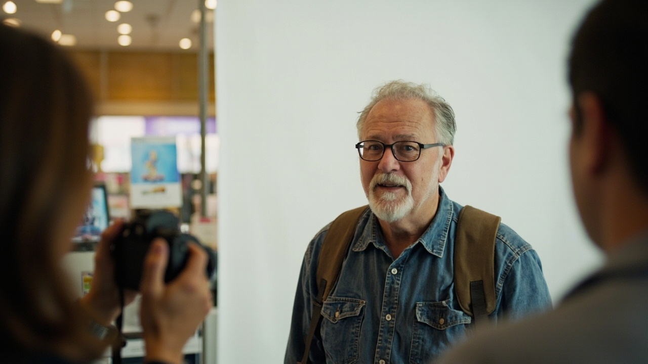 An American traveler standing for a passport photo against a plain white backdrop at a US pharmacy photo counter while an associate frames the shot