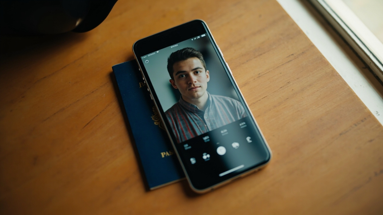 Overhead close-up of a smartphone on a warm wooden desk showing a generic passport-photo app cropping a headshot into a square beside a blue US passport