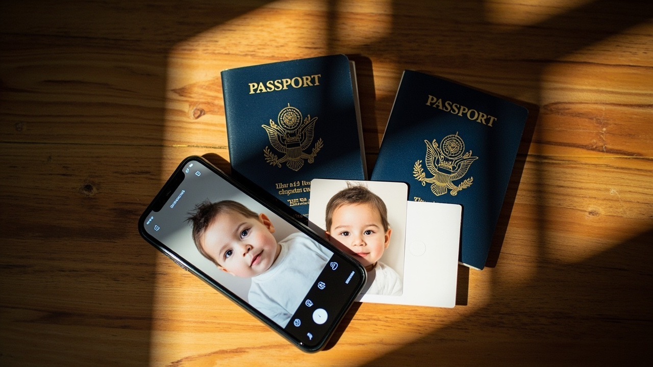 Overhead flat-lay of two small blue American child passports beside printed white photo cards on a warm wooden desk in a sunlit US home