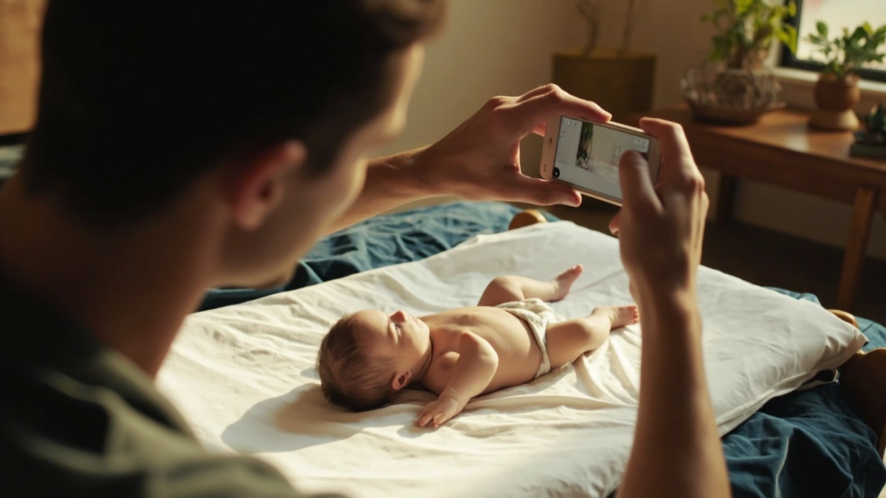 An American parent kneeling over a smooth white sheet holding a smartphone parallel to photograph a calm baby lying flat below in a sunlit home