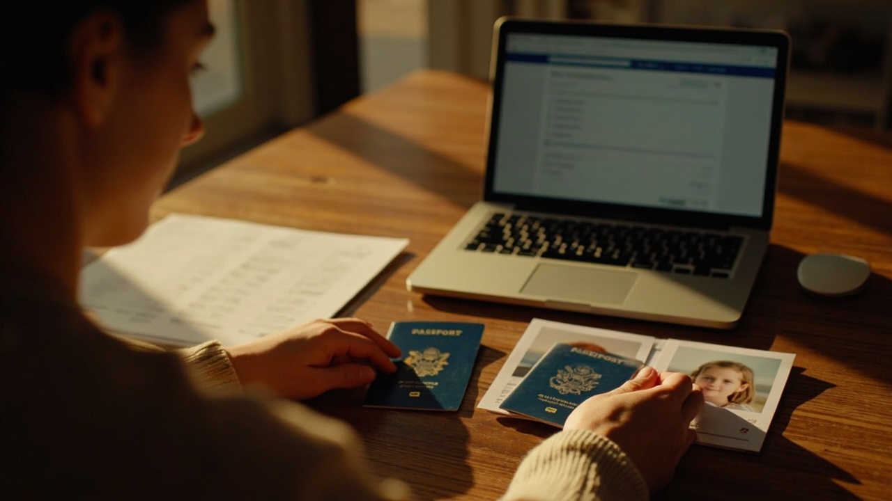 An American parent at a warm wooden desk matching small blue child passports to printed photo cards beside an open laptop in golden afternoon light