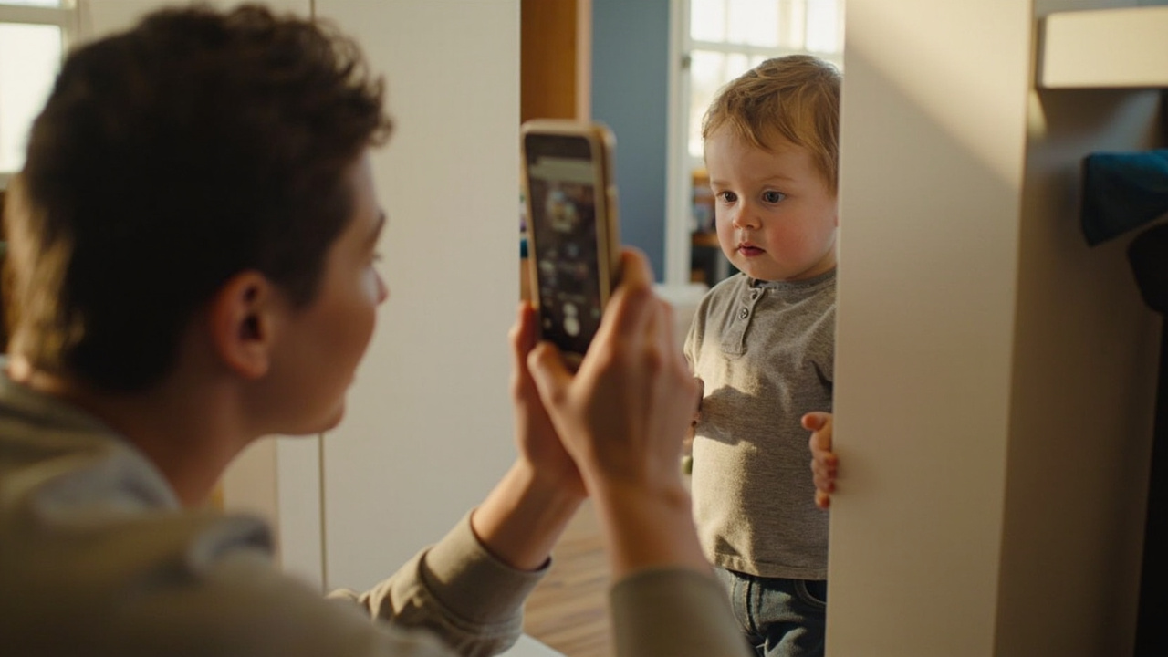 An American parent kneeling to their toddler eye level to photograph the child against a plain white wall in a sunlit home
