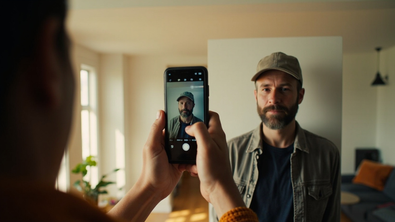 An American traveler standing about two feet from a plain white wall in a sunlit US home having a passport-style photo taken on a phone held by a partner off-frame
