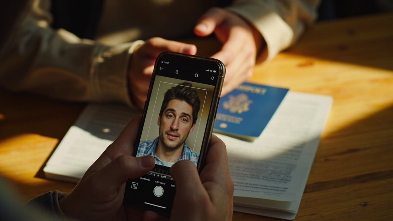 An American traveler's hands cropping a headshot square in a generic phone photo editor on a warm desk in a sunlit US home