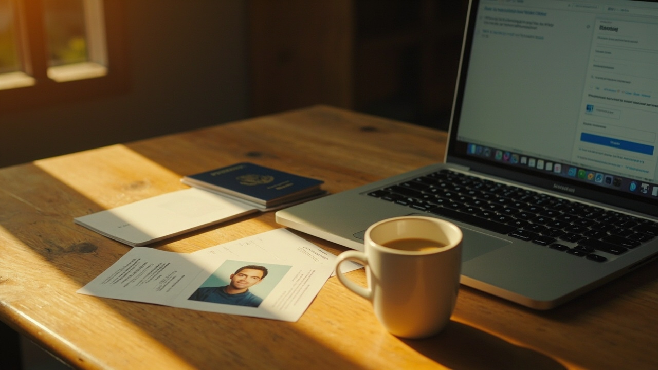 A square printed US passport photo of an American traveler beside an open blue American passport and a laptop on a warm desk at golden hour