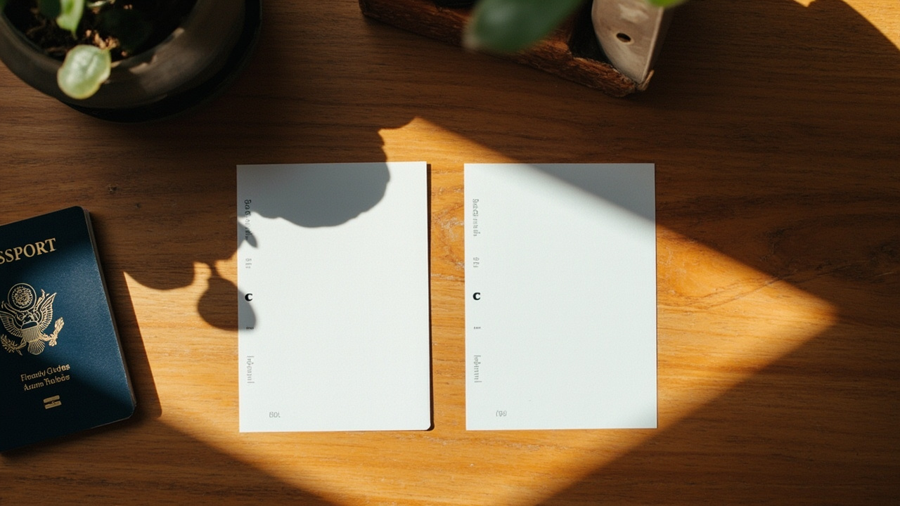 Two blank passport-photo cards of different shapes laid side by side on a warm desk, one square and one slightly taller portrait, next to a blue American passport