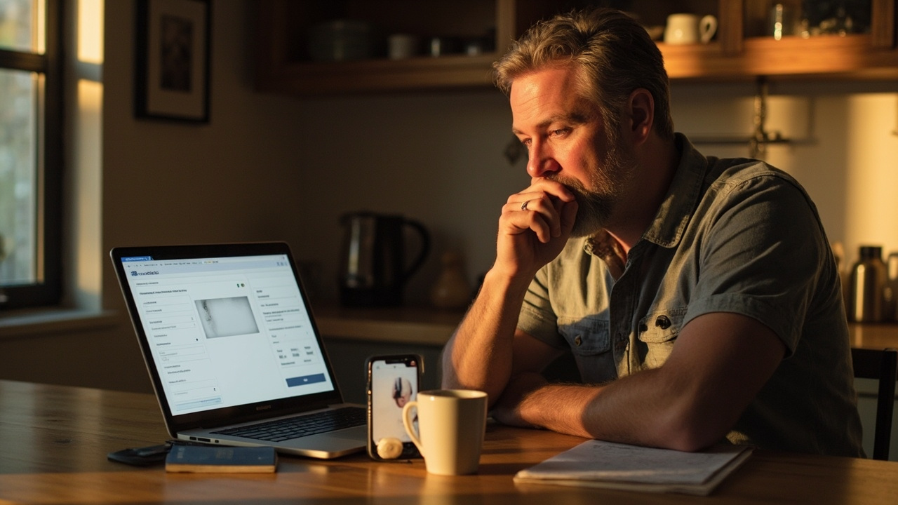 American traveler at a kitchen table comparing two forms on a laptop and phone — one with a portrait photo upload box, one without — with a blue US passport beside them