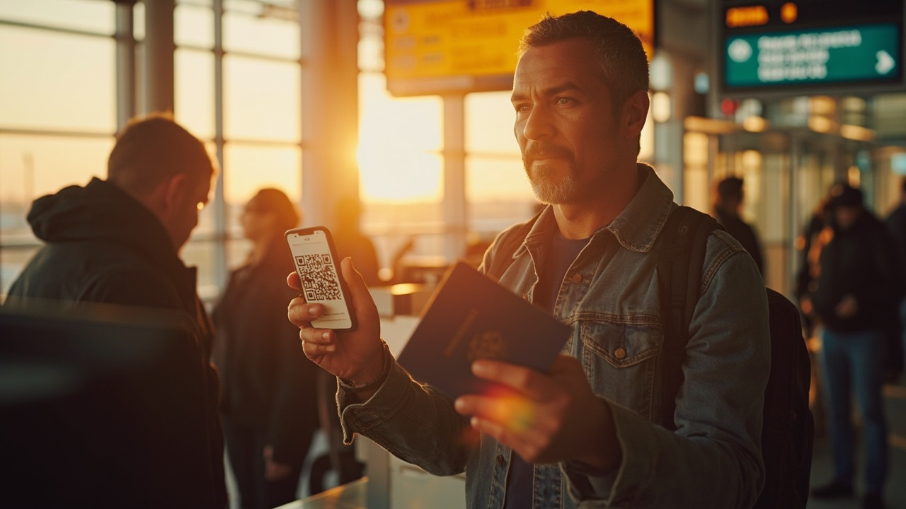 American traveler calmly presenting an open blue US passport and a phone showing a generic QR code at a soft-focus airport immigration counter at golden hour