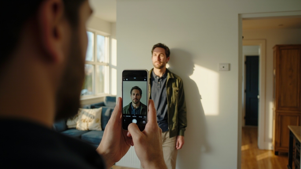 American traveler in their late 30s having a passport-style headshot taken against a plain white wall in a sunlit US home, neutral expression, no glasses, no hat