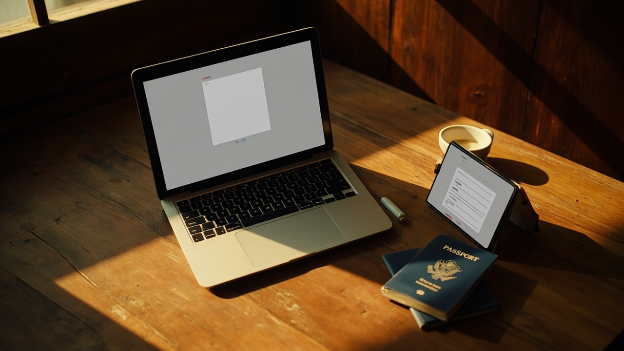 A laptop and a smartphone laid side by side on a warm wooden desk, the laptop showing a generic form with a portrait photo box and the phone showing a typed form without one, beside a blue US passport