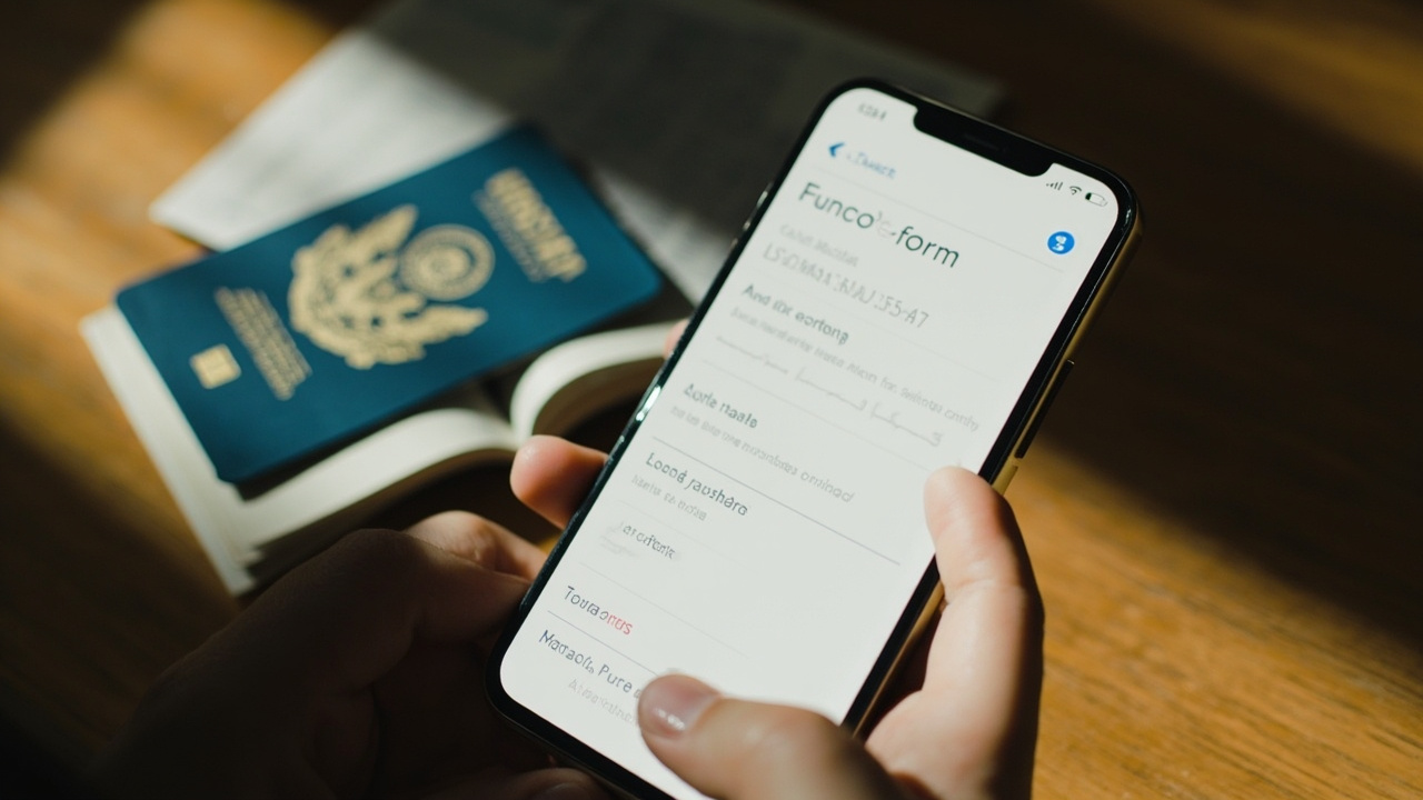 Close-up of a smartphone held over a warm wooden desk showing a generic typed arrival form with text fields and no photo upload box, a blue US passport open to the bio page beside it