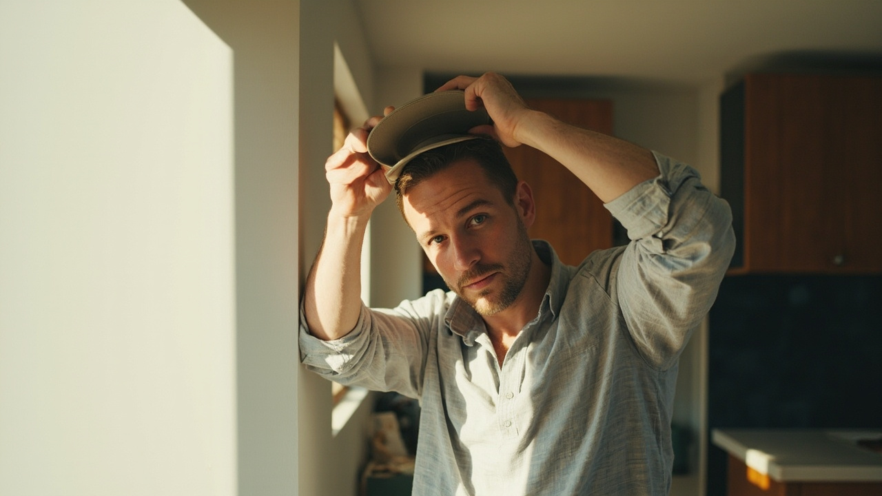 American traveler lifting a baseball cap off his head before a passport-style photo against a plain white wall in a sunlit home