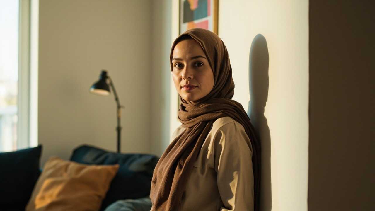 American woman wearing a hijab pinned back off the cheeks against a plain white wall in a sunlit US home, her full face clearly visible