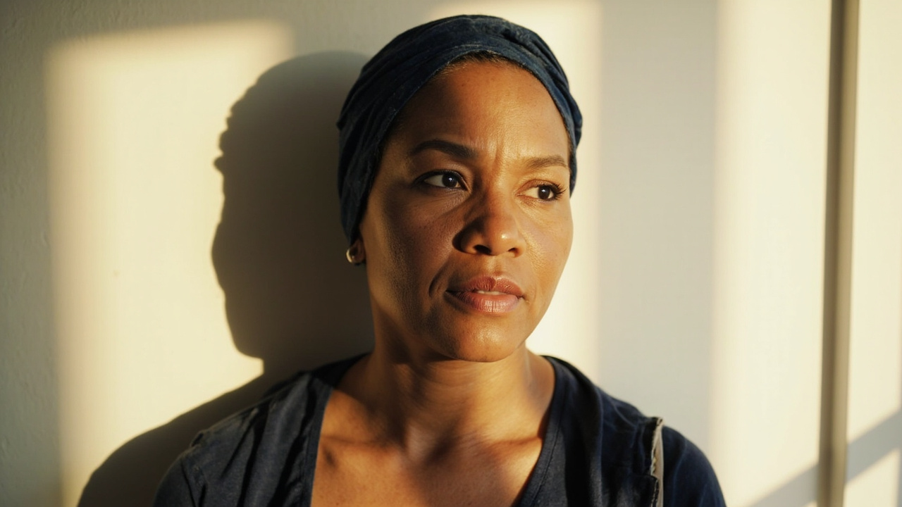 American traveler wearing a soft medical headscarf against a plain white wall in a sunlit home, full face calmly visible and evenly lit