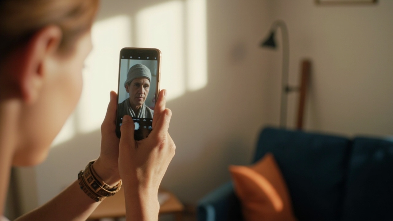 A partner holding a smartphone in portrait orientation to photograph an American traveler wearing a head covering against a plain white wall in a sunlit home