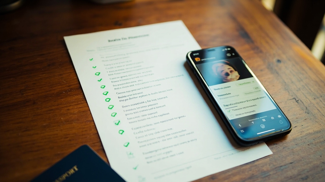 Overhead close-up of a 12-point photo checklist card with a column of green checkmarks beside a smartphone and a blue American passport