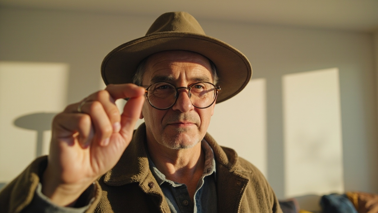 An American traveler removing eyeglasses before a passport-style photo against a plain white wall in a sunlit home