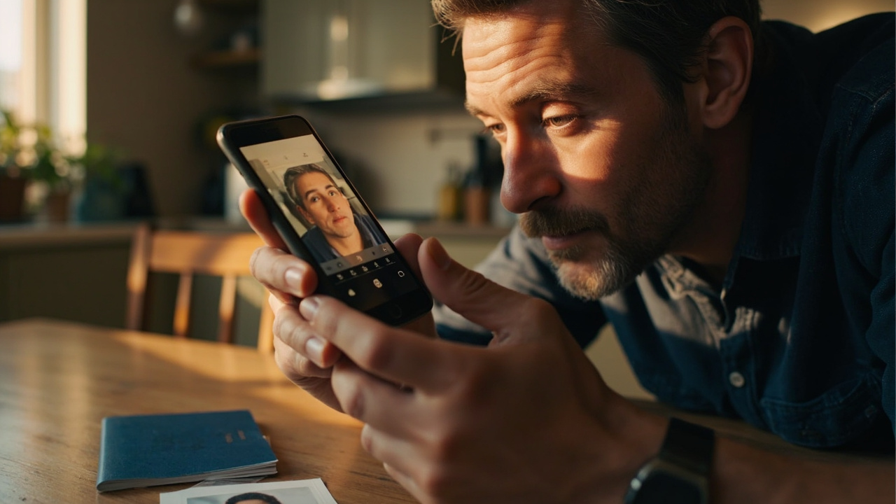 An American traveler holding a smartphone, zooming in to review a passport-style headshot at a sunlit kitchen table