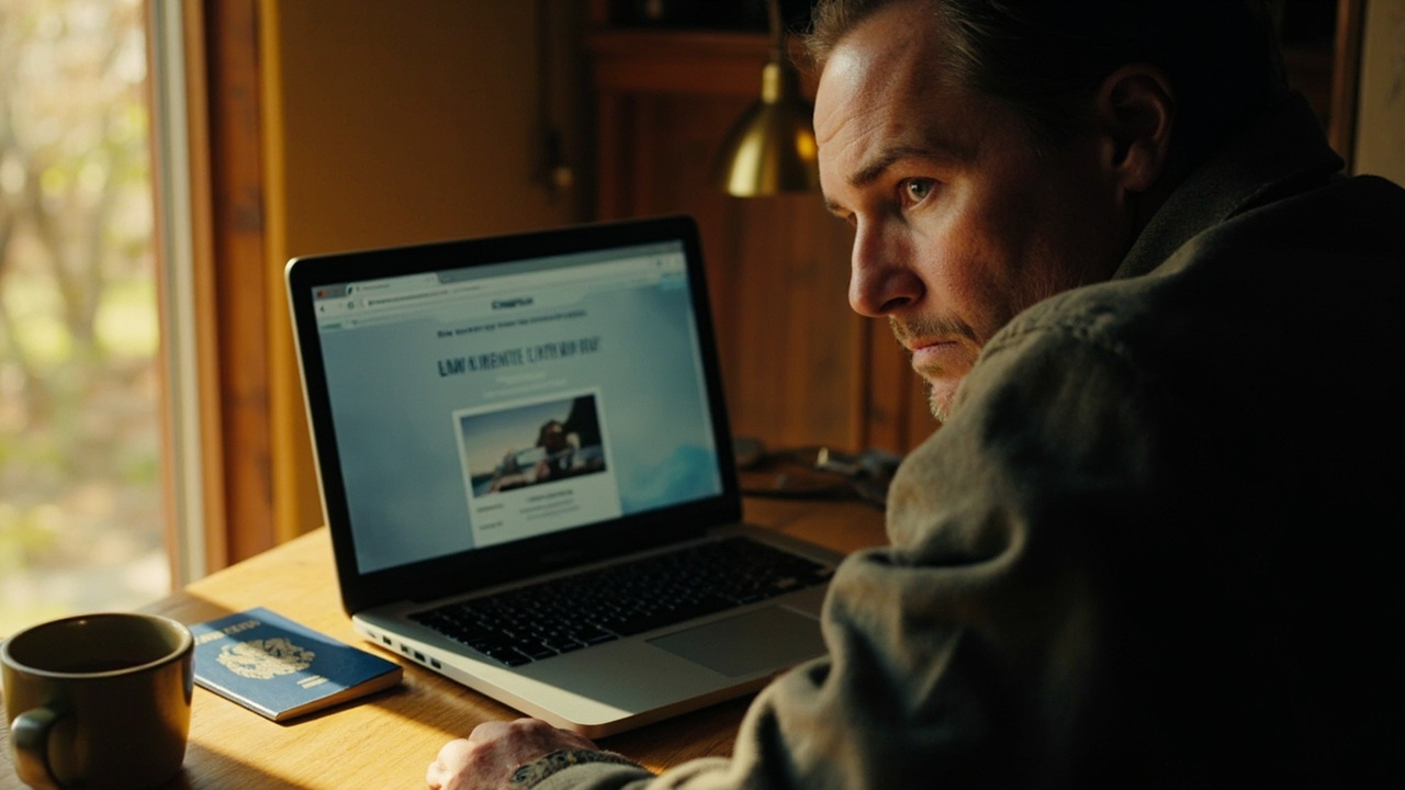 An American applicant at a laptop looking skeptical at a generic free photo-maker site preview with a soft paywall prompt