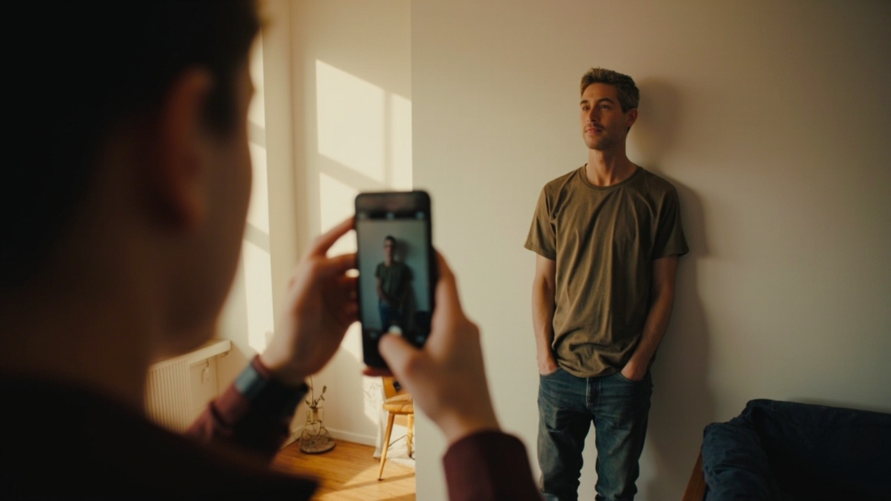 An American traveler being photographed against a plain white wall in a sunlit home, rear phone camera held by a partner off-frame
