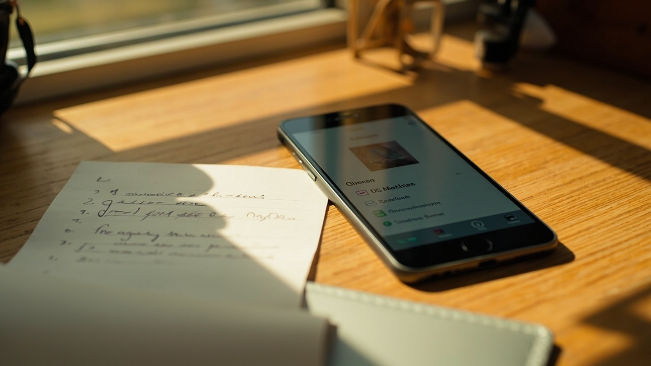 Close-up of a phone showing a generic file-details panel beside a printed checklist on a warm wooden desk in a US home