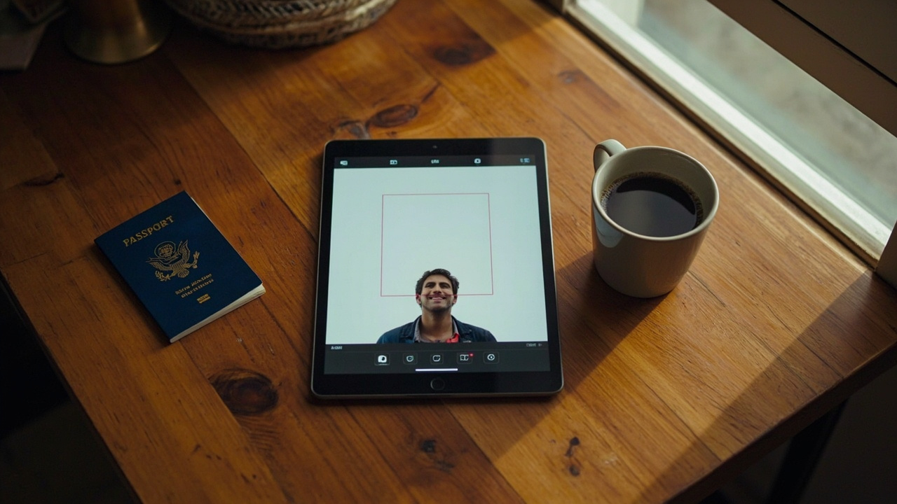 Overhead view of a tablet showing a generic photo tool snapping an American headshot into a centered square crop guide